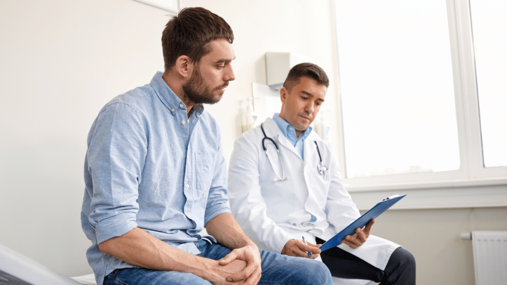 Man at the doctors worried about the relationship with his wife Problems arising from infertility. Concept of infertility and medical male infertility