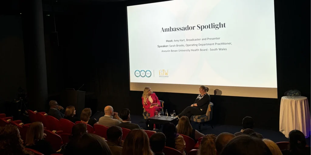Amy Hart and Workplace Ambassador Sarah Brooks on stage for Ambassador Spotlight