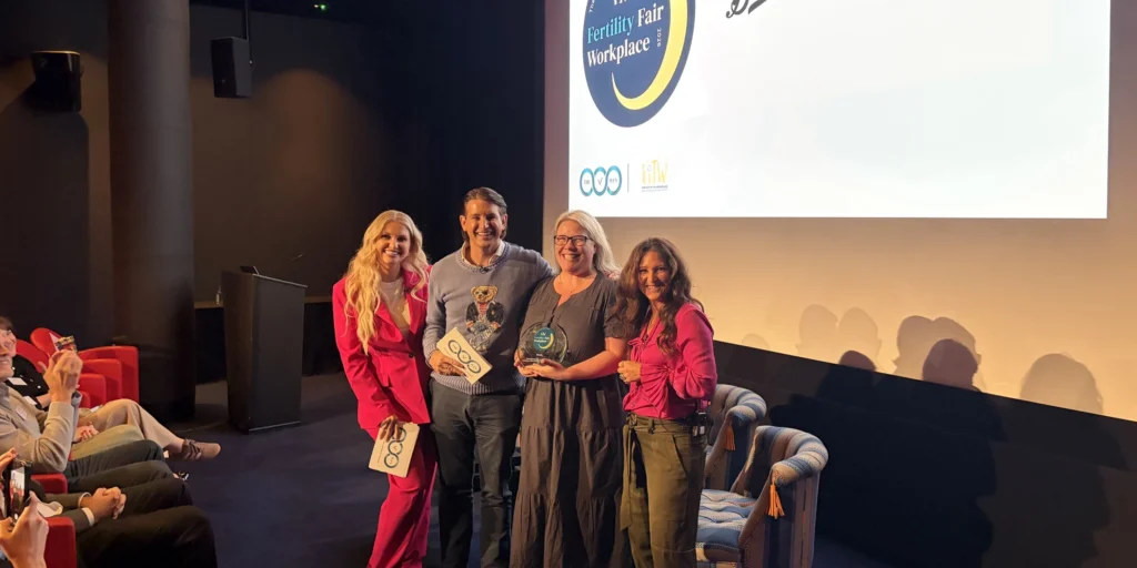 Winners on stage with hosts at the Fertility Fair Workplace Awards 2026